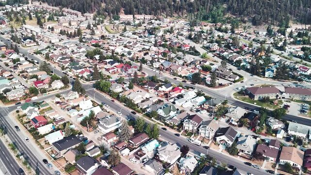 Aerial view of Jasper Town on a sunny summer day. Streets and homes, Alberta - Canada