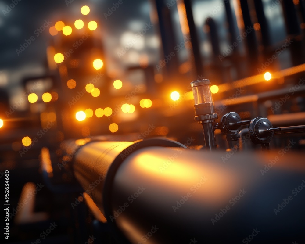 Aufkleber close-up view of industrial pipework with glowing lights and beautiful bokeh effect at twilight in a