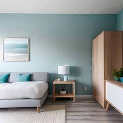 Modern living room with light aqua walls, featuring a matching sofa, light wood flooring, and a minimalist aesthetic, creating a fresh and airy ambiance.