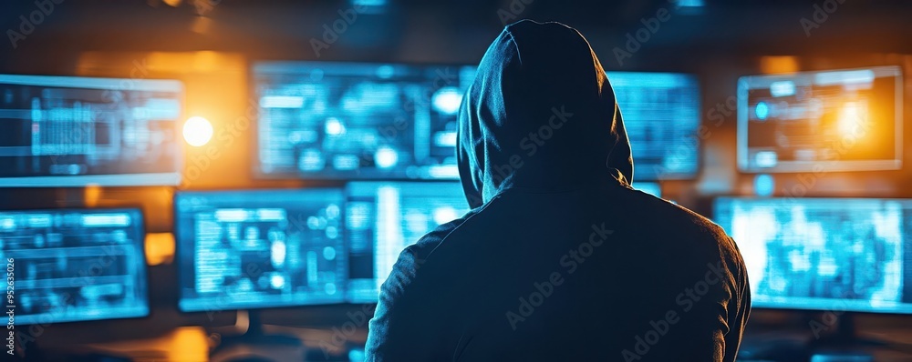 Aufkleber a hooded figure works intently at multiple glowing computer screens in a darkened environment, evoki