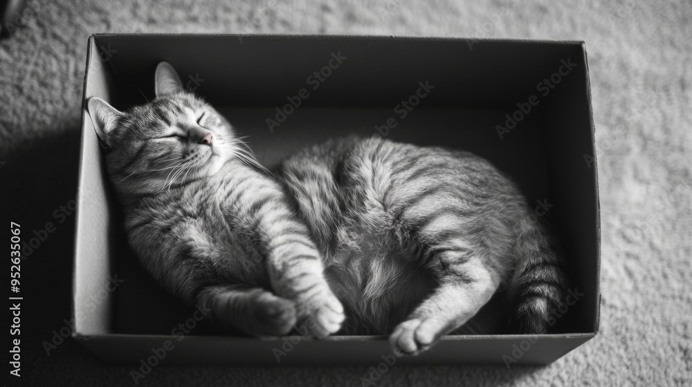 Poster Cat sprawled out in a shallow box, taking up all the space with its body fully relaxed and eyes closed, as if the box was made just for it
