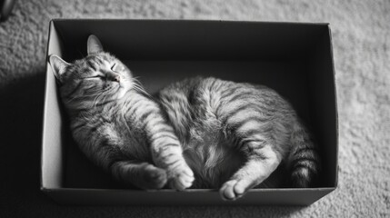 Cat sprawled out in a shallow box, taking up all the space with its body fully relaxed and eyes closed, as if the box was made just for it