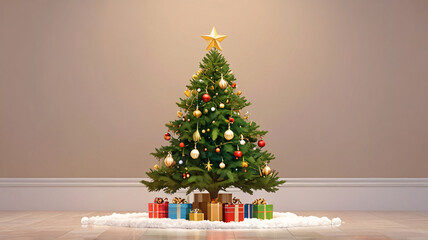 Christmas background, with 3D rendering of a Christmas tree and its decorations and empty space for text