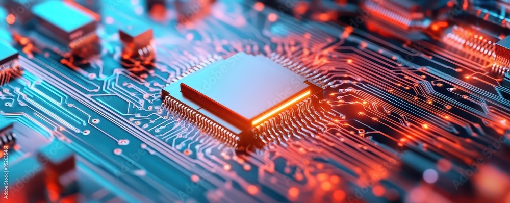 Poster close-up of a modern microchip on a circuit board, showcasing intricate details and vibrant colors f