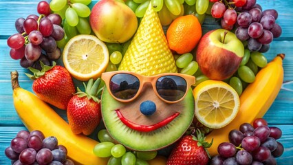 A colorful arrangement of fruits, including a smiling banana wearing sunglasses, a kiwi with a party hat, and grapes forming a silly face.