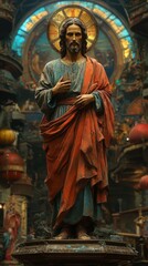 Fototapeta premium An exquisite figure adorned in flowing robes captures attention against a backdrop of rich colors and intricate patterns evoking a sense of reverence and spirituality in a bustling environment