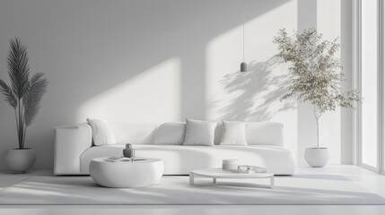 Minimalist Living Room with White Sofa and Two Plants