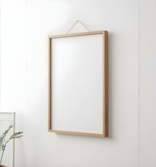 A wooden framed mockup hanging on a white wall 