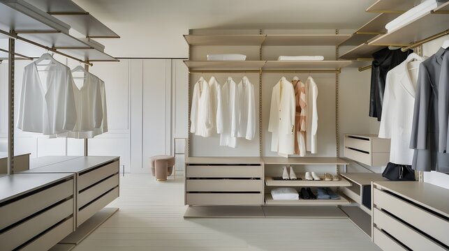 A modern minimalist walk-in wardrobe with clothes hanging on rods, shelves, and drawers. The wardrobe has a dressing room with space for storing and organizing accessories.