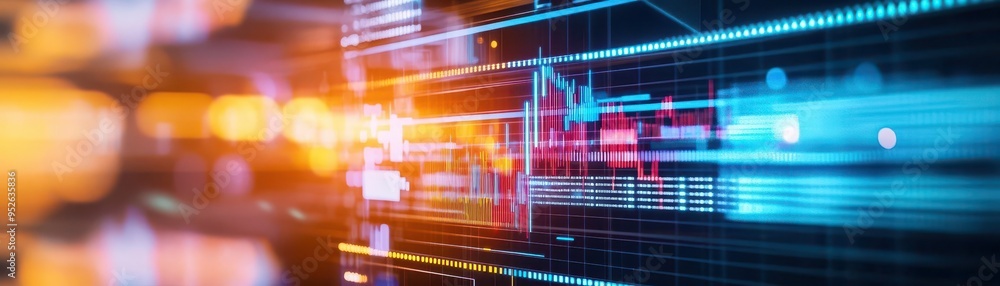 Poster abstract digital background featuring vibrant lines, glowing lights, and data visualization points f