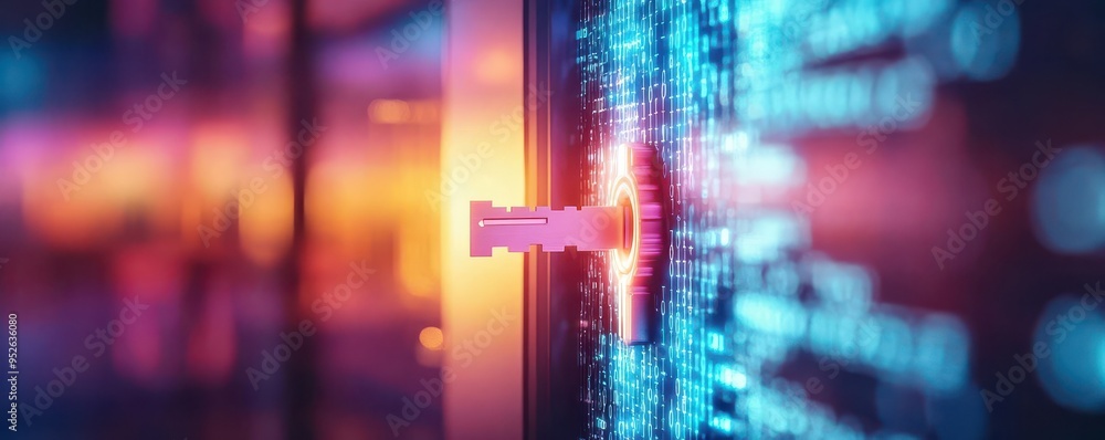 Poster a futuristic digital key unlocking vibrant data streams, symbolizing cybersecurity and technology in