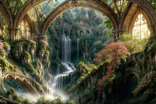 Fantasy landscape featuring a waterfall cascading through a bridge surrounded by lush greenery and vibrant flowers around an arched old structures
