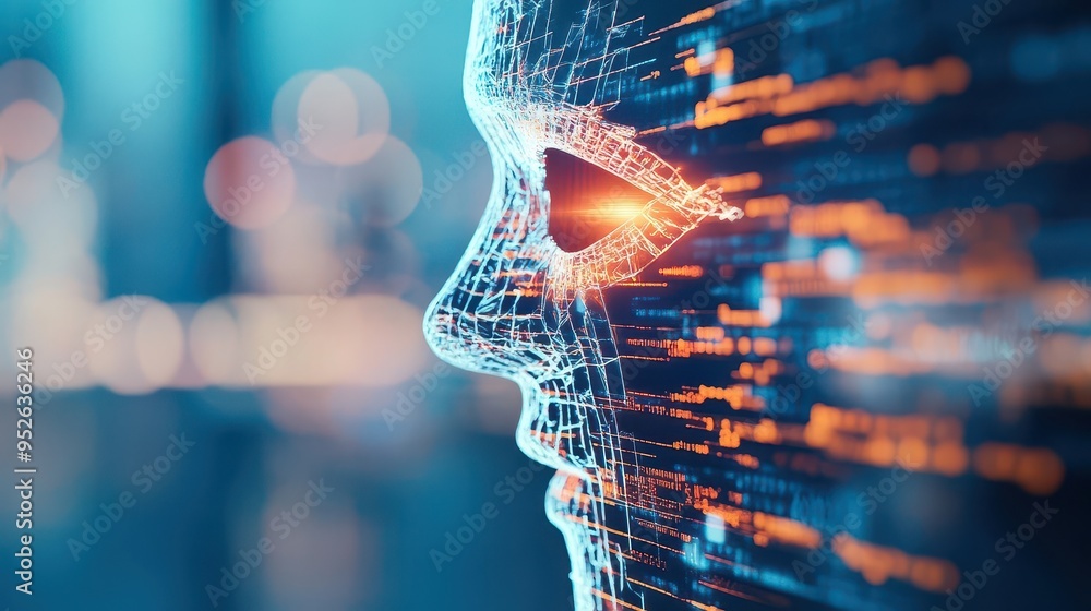 Poster futuristic artificial intelligence concept with a glowing digital face against a blurred technology 