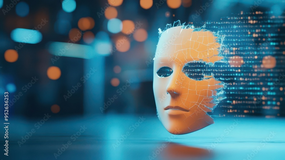 Poster creative representation of a futuristic robotic face with digital elements on a blurred background.
