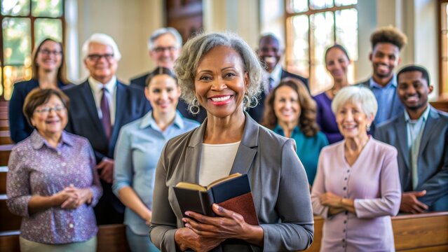 A compassionate female pastor smiles warmly while holding a bible, standing in a modern church surrounded by diverse congregation members of all ages.