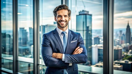 Fototapeta premium A confident and trustworthy individual with a warm smile, dressed in professional attire, standing in a high-tech modern office with a cityscape background.