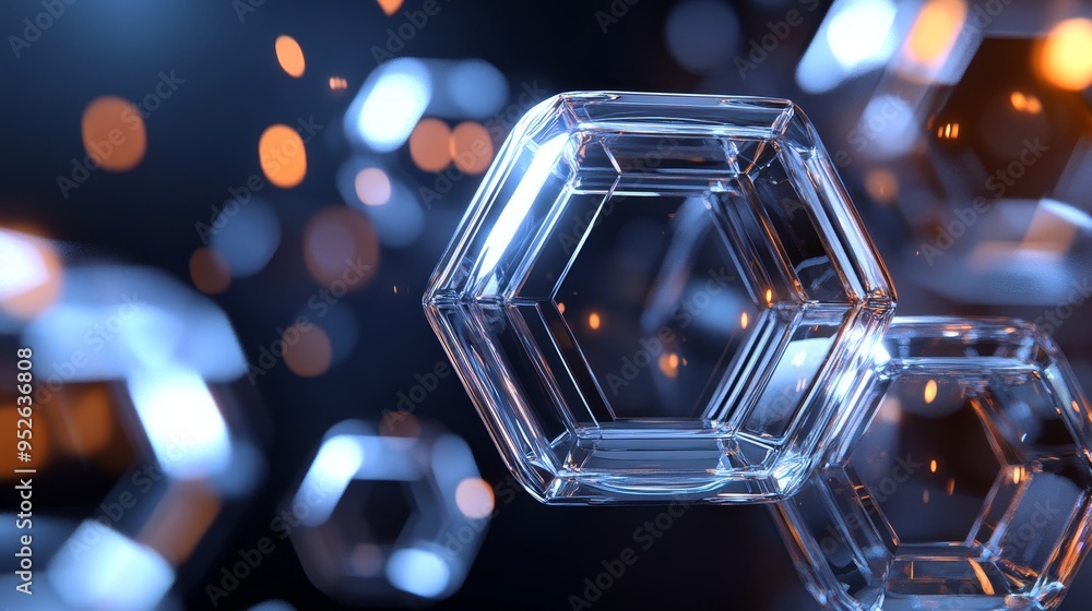 Sticker Abstract 3D  of glass hexagonal shapes floating in space, symbolizing technology, innovation,  connection,  futuristic design and structure.