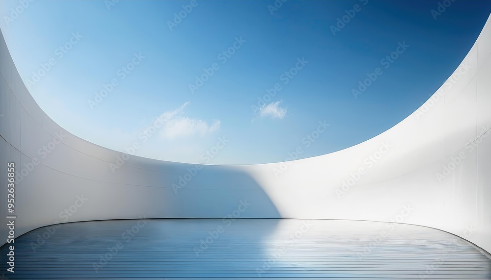 Poster modern architectural scene with a simple curved wall on the right, creating sharp lines and geometri