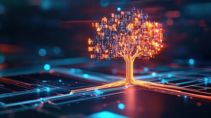 A glowing digital tree representing technology and nature integration in a vibrant tech landscape.