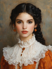 Vintage Oil Painting of a Woman in a Lace Collar and Dark Hair
