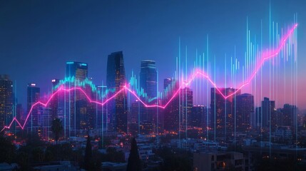 Naklejka premium City skyline at dusk with an overlay of a transparent graph showing real estate market growth. The graph is glowing with neon colors.