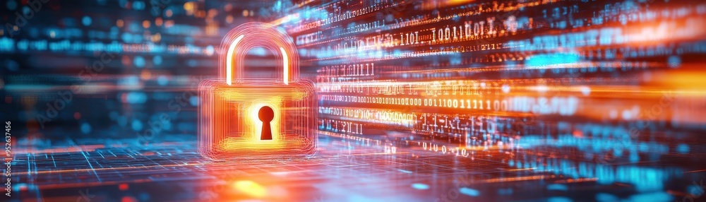 Poster a digital lock symbolizes cybersecurity and data protection, set against a vibrant, abstract backgro