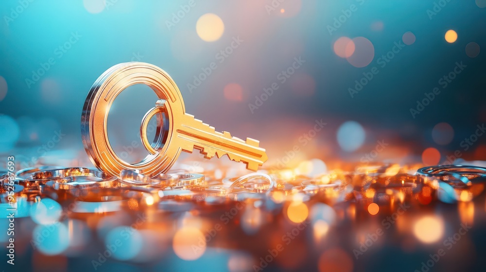 Poster a captivating close-up of a golden key on a sparkling background, symbolizing security and unlocking