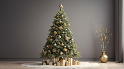 Christmas background, with 3D rendering of a Christmas tree and its decorations and empty space for text