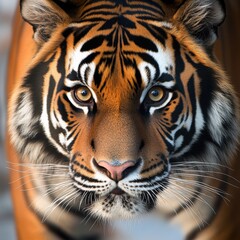 Obraz premium Stunning close-up of a majestic tiger showcasing vivid colors and striking features in a wild environment.