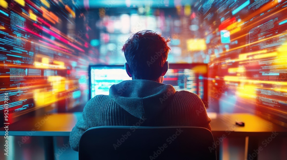 Poster a focused individual working at a computer, surrounded by vibrant data streams representing technolo