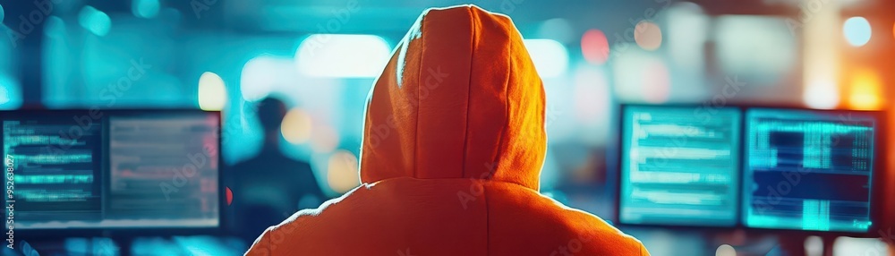 Poster a person in an orange hoodie working on computer screens in a dark environment, surrounded by code a