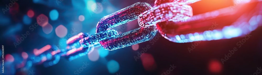 Poster close-up view of a glowing chain link, representing connection and security in a digital environment