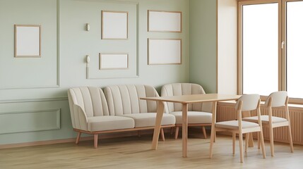Fototapeta premium A Scandinavian style modern dining room with a pastel green wall and multiple frames, a wooden table with a sofa and chairs , a wooden table and wooden floor.
