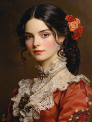 Vintage Oil Painting of a Woman in a Red Dress with a Rose
