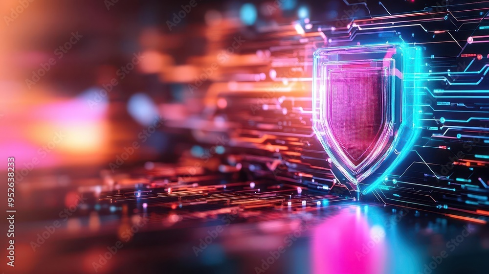 Poster vibrant digital shield representing cybersecurity, illuminated with colorful lights and intricate ci