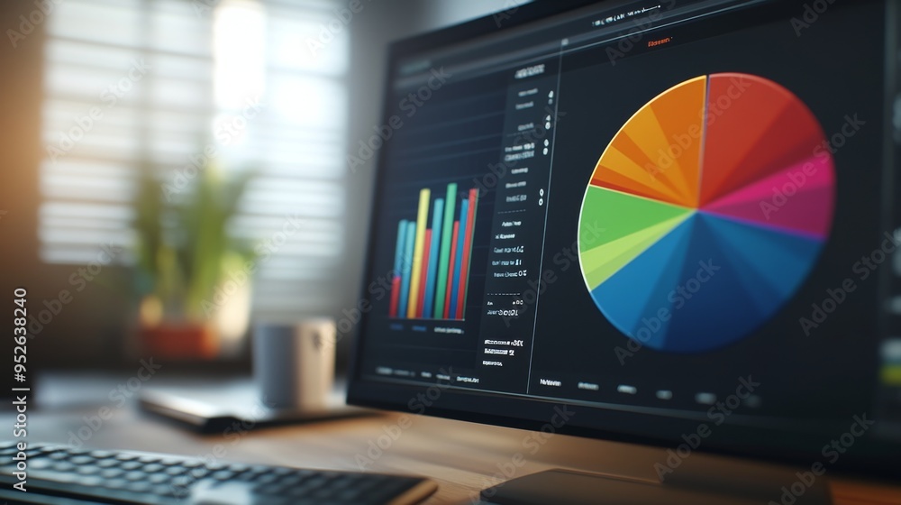 Fototapete Close-up of a 3D pie chart on a computer screen, showing vibrant segments and detailed data labels, set in a modern office environment.