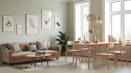 Fototapeta premium A Scandinavian style interior design of a modern dining room. There is a sofa and chairs near a wooden table against a window. The wall is painted in a pastel green color and has frames hanging on it.