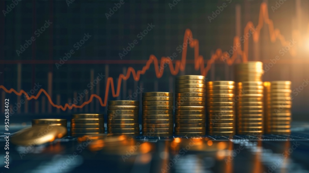 Aufkleber A stack of gold coins is shown on a table with a graph in the background
