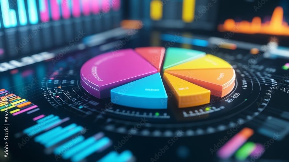 Poster close-up of a 3d pie chart on a computer screen, showing vibrant segments and detailed data labels, 