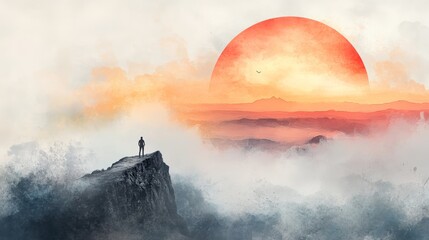 Fototapeta premium Lone Figure on Cliffside at Sunrise