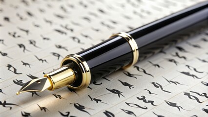 Fototapeta premium A elegant black fountain pen lies diagonally across a crisp white sheet of paper, surrounded by scattered alphabet letters, awaiting a sophisticated signature.