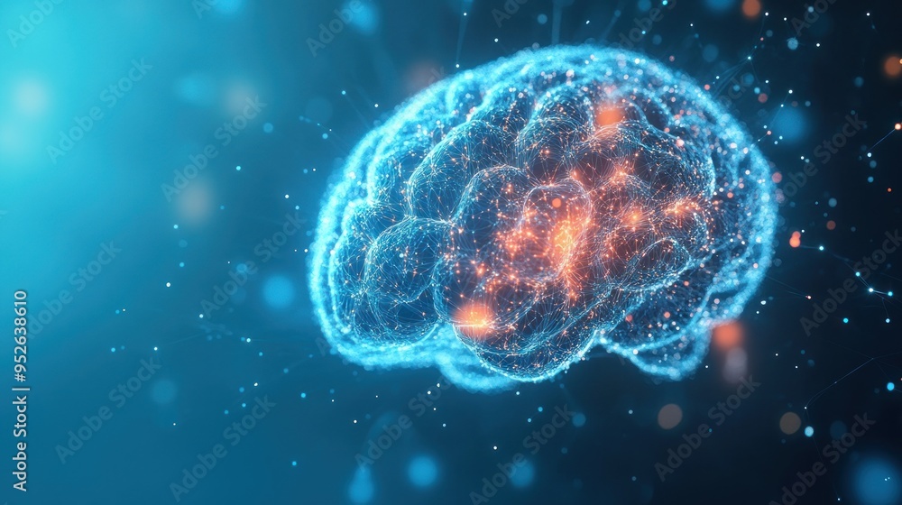 Poster brain made of glowing connections on blue background, artificial intelligence concept design with ne