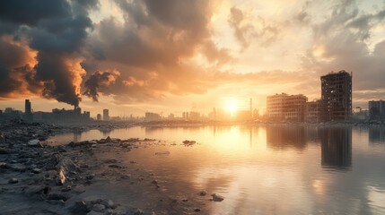 Apocalyptic industrial landscape at sunset