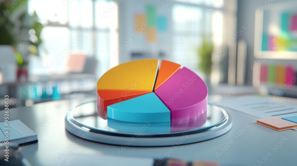 Poster close-up of a 3d pie chart on a computer screen, showing vibrant segments and detailed data labels, 