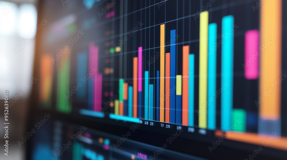 Fototapete Close-up of a bar chart on a computer screen with colorful bars representing data, set against a sleek office background with charts and graphs.