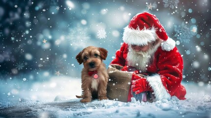 Santa Claus next to the bag of gifts next to a puppy with snow falling