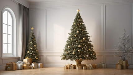 Christmas background, with 3D rendering of a Christmas tree and its decorations and empty space for text