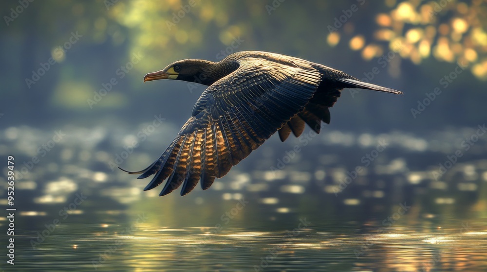 Poster Close-up of a bird flying over water, with its reflection visible below and the details of its feathers highlighted by the sunlight.