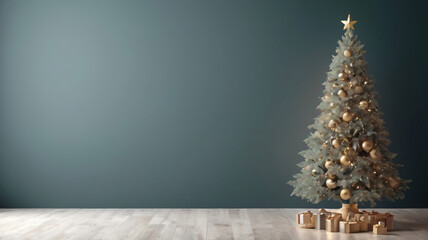 Christmas background, with 3D rendering of a Christmas tree and its decorations and empty space for text