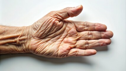 Fototapeta premium A gentle, isolated hand rests on a clean, bright white background, highlighting the subtle wrinkles and natural curves of the human palm.